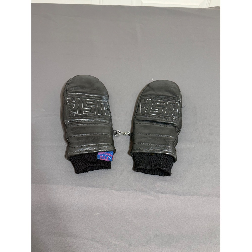 Vintage Downfill Country USA Black Leather Mittens USA Embroidery Size Medium